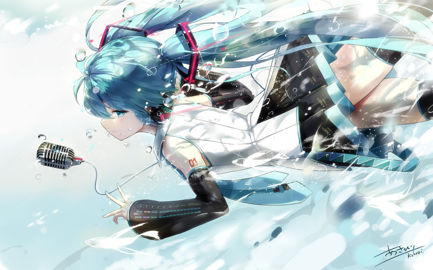 1girl aqua_eyes aqua_hair artist_name detached_sleeves from_side hatsune_miku highres k.syo.e+ long_hair microphone necktie skirt solo swimming thigh-highs twintails underwater very_long_hair vocaloid