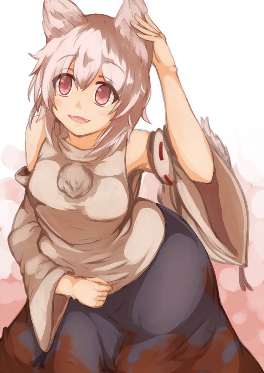 1girl animal_ears armpits bahamun bare_shoulders blush_stickers breasts cowboy_shot detached_sleeves fang highres inubashiri_momiji looking_at_viewer medium_breasts open_mouth pom_pom_(clothes) red_eyes ribbon-trimmed_sleeves ribbon_trim short_hair silver_hair solo tail touhou wolf_ears wolf_tail