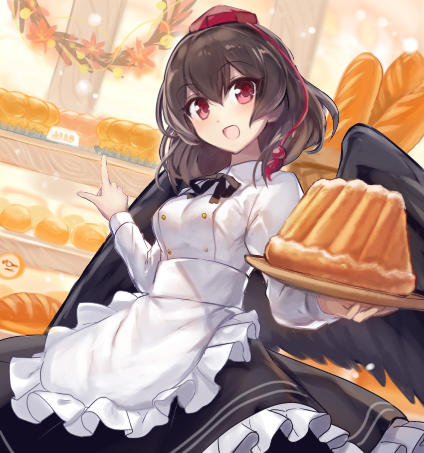 1girl :d alternate_costume apron baguette bakery bird_wings black_ribbon black_skirt black_wings bread brown_hair buttons chef_uniform collared_shirt commentary_request eyebrows_visible_through_hair feathered_wings food frilled_apron frilled_skirt frills fuupu hair_between_eyes hat highres long_sleeves neck_ribbon open_mouth plate pointing red_eyes red_hat ribbon shameimaru_aya shirt shop short_hair skirt smile solo tassel tokin_hat touhou upper_body waist_apron white_apron white_shirt wings