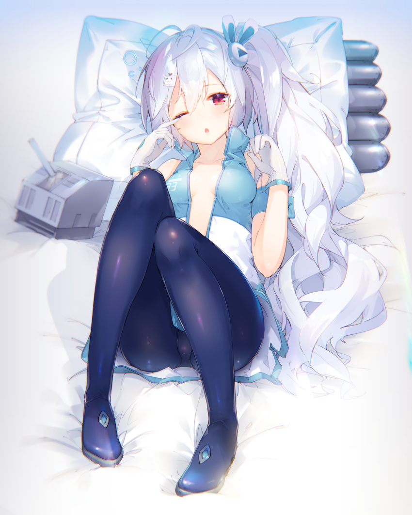 1girl ;o antenna_hair azur_lane bed_sheet blue_jacket blush breasts breasts_apart collarbone full_body gloves hair_between_eyes hair_ornament hairclip hairpin highres jacket knees_up laffey_(azur_lane) long_hair looking_at_viewer lying machinery no_bra on_back one_eye_closed open_clothes open_jacket open_mouth open_shirt pillow red_eyes shiny shiny_hair shirt short_sleeves side_ponytail silver_hair sleepy small_breasts solo turret very_long_hair waking_up white_gloves wiping_face yatsuha_(hachiyoh)