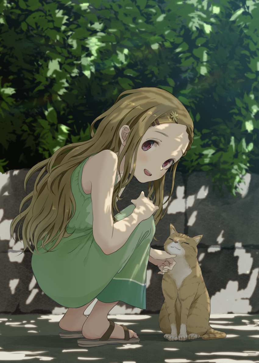 1girl :d absurdres aoba_kokona brown_hair cat day dress full_body green_dress hair_ornament hasisisissy highres long_hair looking_at_viewer looking_to_the_side open_mouth outdoors petting red_eyes sleeveless sleeveless_dress smile solo squatting sundress very_long_hair yama_no_susume