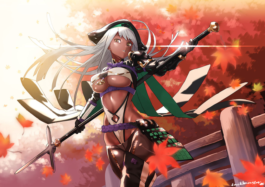 1girl artist_name autumn autumn_leaves breasts commentary_request dark_skin eyebrows_visible_through_hair fence gloves hat holding holding_weapon jack_hamster leaf leotard leotard_under_clothes long_hair long_sleeves looking_at_viewer lowleg lowleg_pants medium_breasts navel navel_cutout original outdoors pants pauldrons polearm shiny shiny_skin silver_hair solo standing tree under_boob weapon yellow_eyes