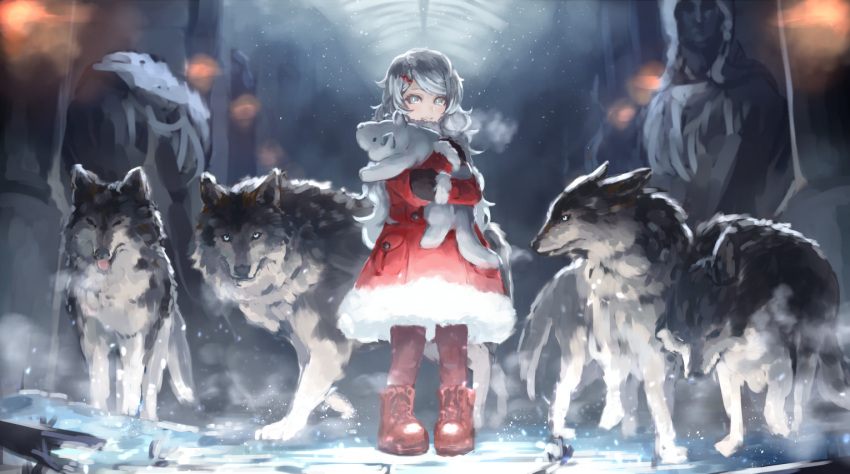 1girl boots breath cold dress fur_trim grey_eyes looking_at_viewer mittens na_(oagenosuke) original pantyhose pigeon-toed red_dress red_footwear red_legwear silver_hair smile snow solo standing stuffed_animal stuffed_toy stuffed_wolf wolf