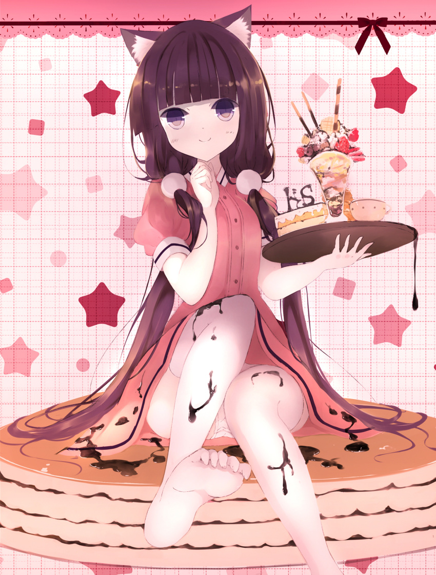 1girl animal_ears bangs blend_s blunt_bangs blush cake cat_ears closed_mouth collared_shirt commentary_request feet food food_on_clothes hair_ornament hand_up head_tilt highres holding holding_tray lace_border long_hair looking_at_viewer low_twintails no_shoes pancake panties parfait pink_background pink_shirt pink_skirt puffy_short_sleeves puffy_sleeves purple_hair sakuranomiya_maika senya_fuurin shirt short_sleeves sitting skirt slice_of_cake smile soles solo stack_of_pancakes star starry_background stile_uniform syrup thigh-highs toenails toes tray twintails underwear uniform very_long_hair violet_eyes waitress white_legwear white_panties