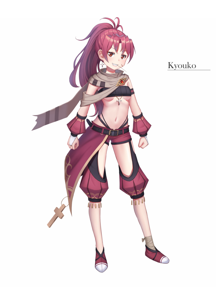 1girl alternate_costume bandage bandaged_leg bangs belt belt_buckle blush breasts bridal_gauntlets brown_eyes brown_scarf buckle character_name clenched_hands cross cross_earrings du_mogu earrings eyebrows_visible_through_hair full_body grin highleg highres jewelry legs_apart long_hair looking_at_viewer mahou_shoujo_madoka_magica medium_breasts mouth_hold navel open_mouth parted_bangs ponytail red_footwear red_shorts redhead revision sakura_kyouko shoes shorts simple_background smile solo standing stomach strapless teeth tubetop under_boob white_background