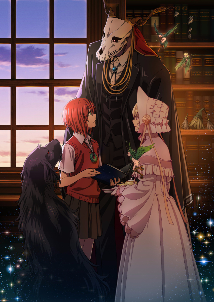1boy 2girls absurdres black_jacket black_pants black_skirt blonde_hair book dog dress ellias_ainsworth eye_contact fairy hair_between_eyes hatori_chise highres indoors jacket jewelry lolita_fashion long_dress looking_at_another looking_down looking_up mahou_tsukai_no_yome miniskirt multiple_girls pants pink_dress pleated_skirt red_sweater redhead ring shirt short_hair short_sleeves silkie silver_lady_(mahou_tsukai_no_yome) skirt skull sparkle standing sweater_vest white_shirt window