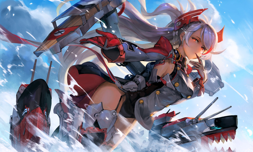 1girl azur_lane bangs beach black_legwear black_leotard blue_sky breasts closed_mouth clouds cloudy_sky day dutch_angle ecens garter_straps gloves highlights iron_cross legs_together leotard long_hair long_sleeves looking_at_viewer medium_breasts mole mole_on_breast multicolored_hair ocean outdoors outstretched_arm pelvic_curtain prinz_eugen_(azur_lane) red_eyes red_gloves redhead rigging sideboob sidelocks silver_hair sky solo swept_bangs thigh-highs thighs tsurime two_side_up very_long_hair