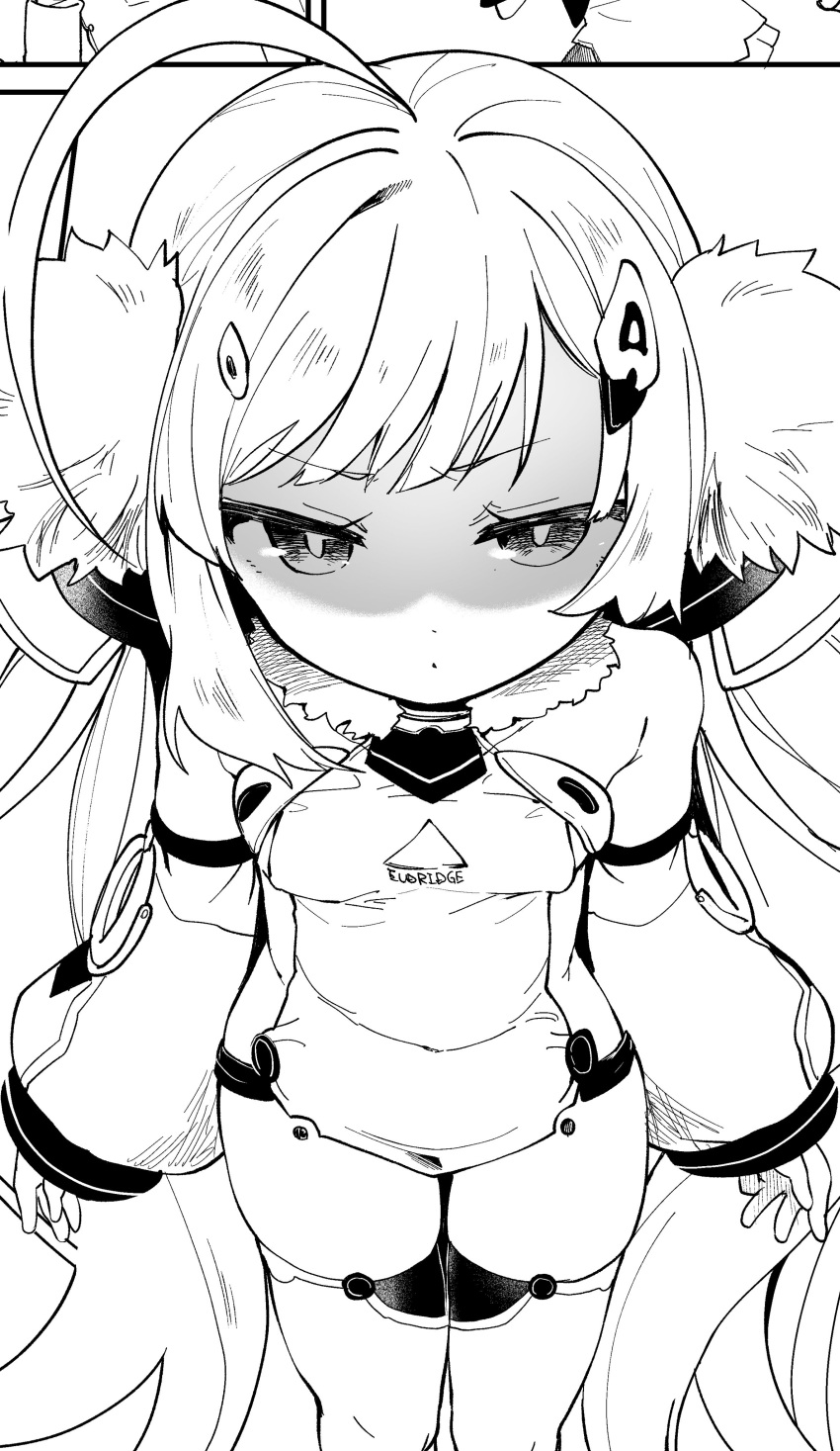 1girl absurdres ahoge azur_lane bangs bare_shoulders blunt_bangs breasts character_name dress eldridge_(azur_lane) eyebrows_visible_through_hair foreshortening from_above frown greyscale hair_ornament hairclip highres kedama_milk long_hair long_sleeves looking_at_viewer looking_up monochrome name_tag shaded_face short_dress small_breasts solo thigh-highs very_long_hair