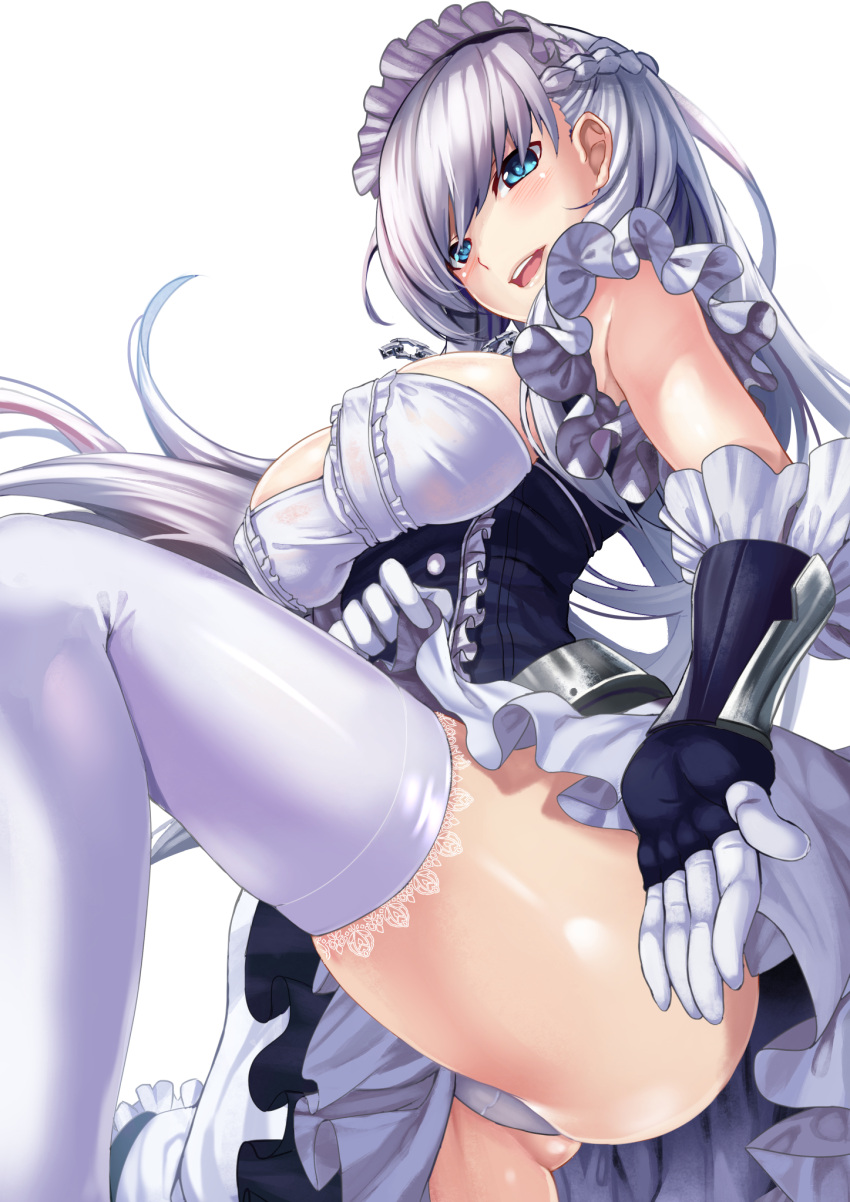 1girl :d ass azur_lane belfast_(azur_lane) blue_eyes blush breasts chains dress from_below gloves hasaya highres large_breasts long_hair looking_at_viewer open_mouth panties sideboob silver_hair simple_background smile solo teeth thigh-highs thighs underwear white_background white_legwear white_panties