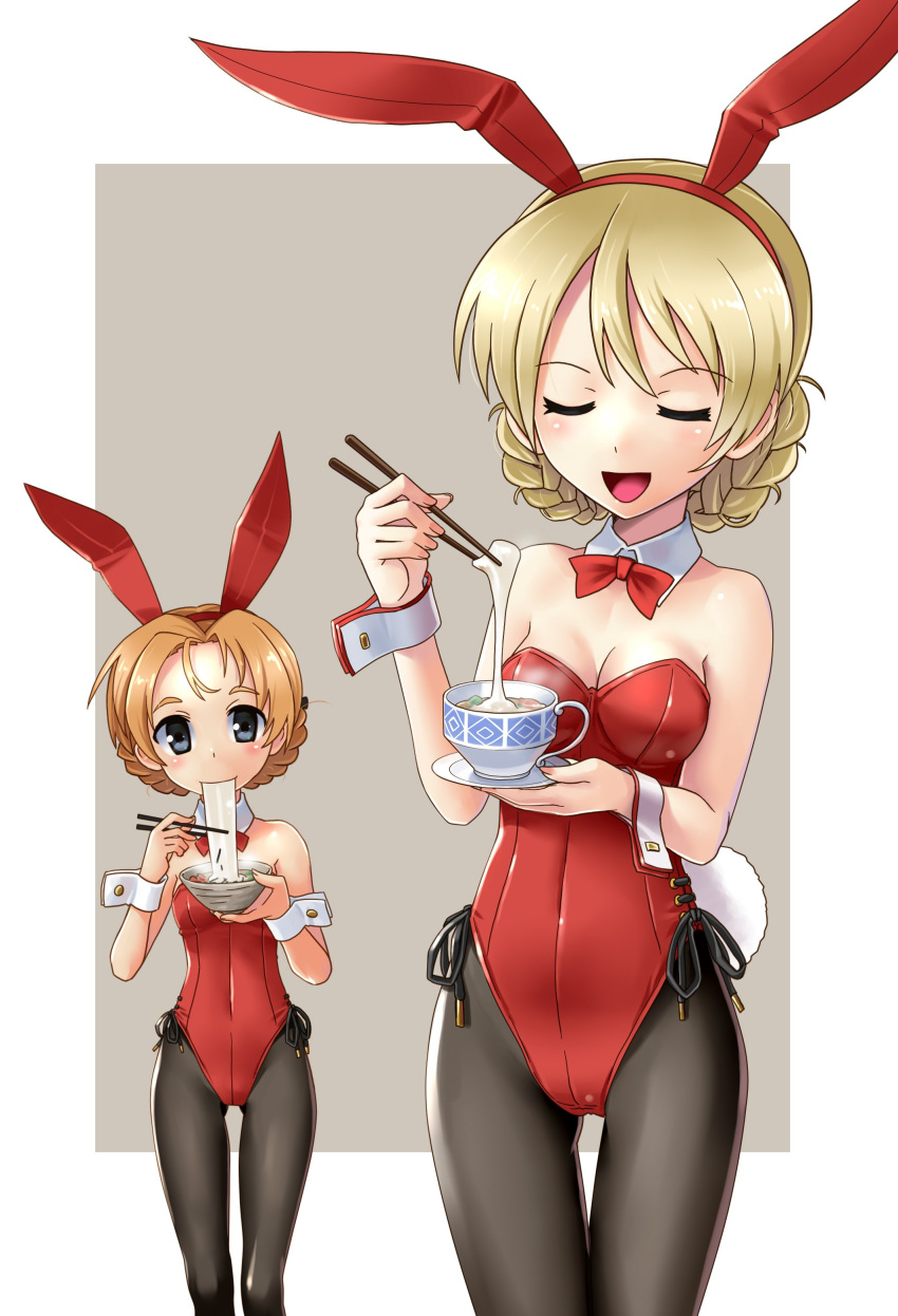 2girls absurdres animal_ears ass bangs bare_shoulders black_legwear blonde_hair blue_eyes bow bowl bowtie braid bunny_tail bunnysuit chopsticks closed_eyes cowboy_shot cup darjeeling detached_collar eating food girls_und_panzer highres katahira_masashi leotard long_hair mochi mouth_hold multiple_girls open_mouth orange_hair orange_pekoe pantyhose rabbit_ears red_leotard red_neckwear saucer strapless strapless_leotard tail tea teacup tied_hair twin_braids wagashi wrist_cuffs zouni_soup