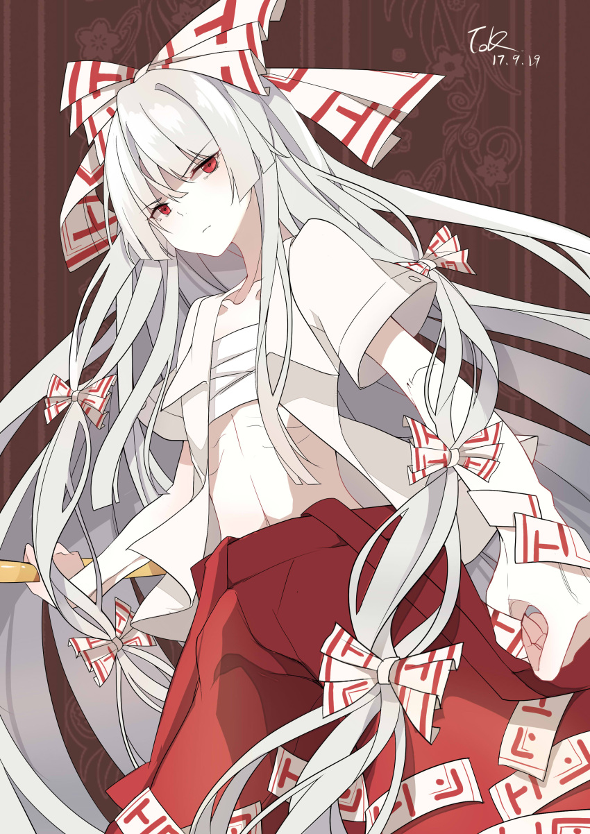 absurdres angry baggy_pants bangs bow dated fujiwara_no_mokou hair_bow highres hime_cut imperishable_night long_hair long_sleeves looking_at_viewer midriff ofuda pants red_eyes red_pants ribs sarashi shirt sidelocks signature silver_hair suspenders suspenders_hanging suspenders_slip toriki touhou unbuttoned unbuttoned_shirt very_long_hair white_bow white_hair white_shirt