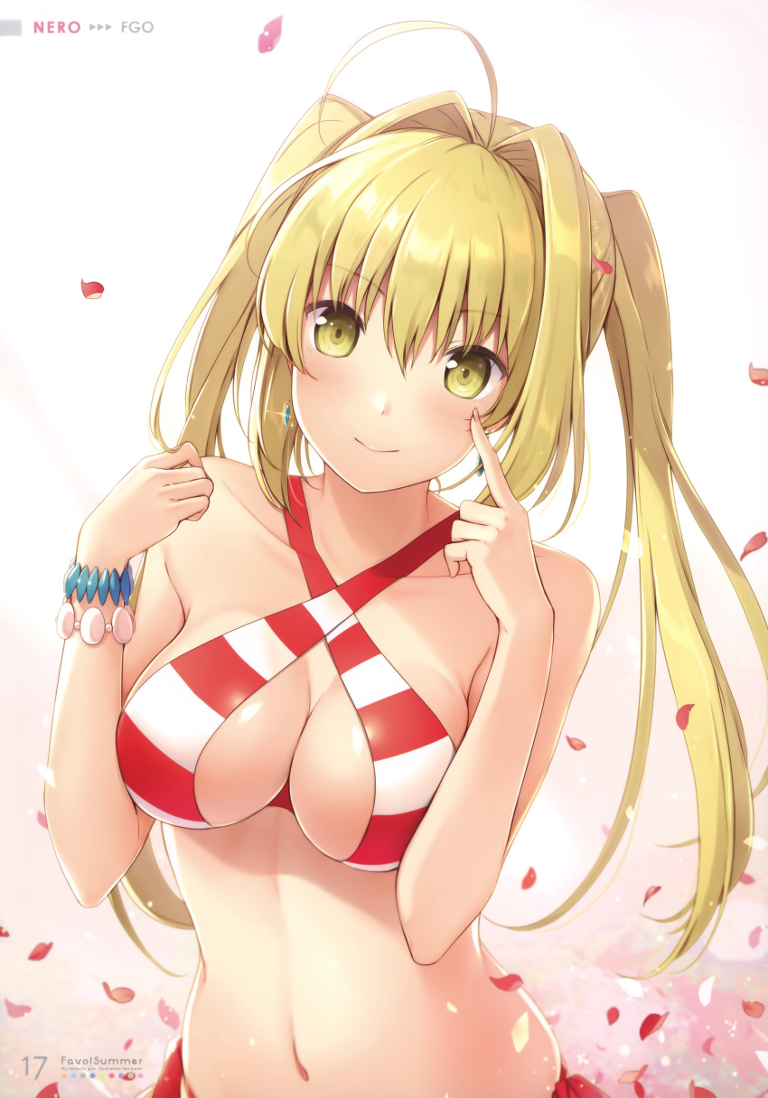 1girl 6u_(eternal_land) absurdres bangs bare_shoulders bikini blonde_hair bracelet breasts character_name cleavage collarbone criss-cross_halter earrings eyebrows_visible_through_hair fate/grand_order fate_(series) fingernails gradient gradient_background halter_top halterneck highres huge_filesize jewelry large_breasts long_hair looking_at_viewer navel nero_claudius_(fate)_(all) nero_claudius_(swimsuit_caster)_(fate) petals scan shiny simple_background solo striped striped_bikini swimsuit twintails upper_body yellow_eyes