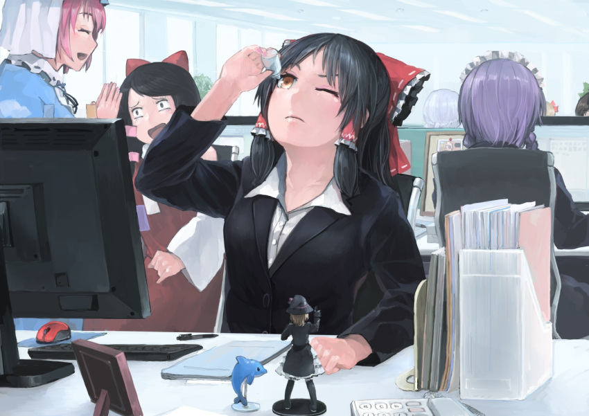 6+girls black_hair blush bow braid breasts brown_eyes chair closed_eyes closed_mouth computer_mouse cookie_(touhou) eyebrows_visible_through_hair eyedrops facing_another figure grey_hair hair_bow hair_tubes hakurei_reimu ichiba_youichi izayoi_sakuya large_breasts long_hair looking_away maid_headdress mousepad_(object) multiple_girls nadeko_(cookie) office office_chair office_lady one_eye_closed open_mouth phone pink_hair red_bow rei_(cookie) reiuji_utsuho ryuuga_(cookie) saigyouji_yuyuko sananana shiromiya_rei_(cookie) short_hair smile touhou vvan_(cookie)