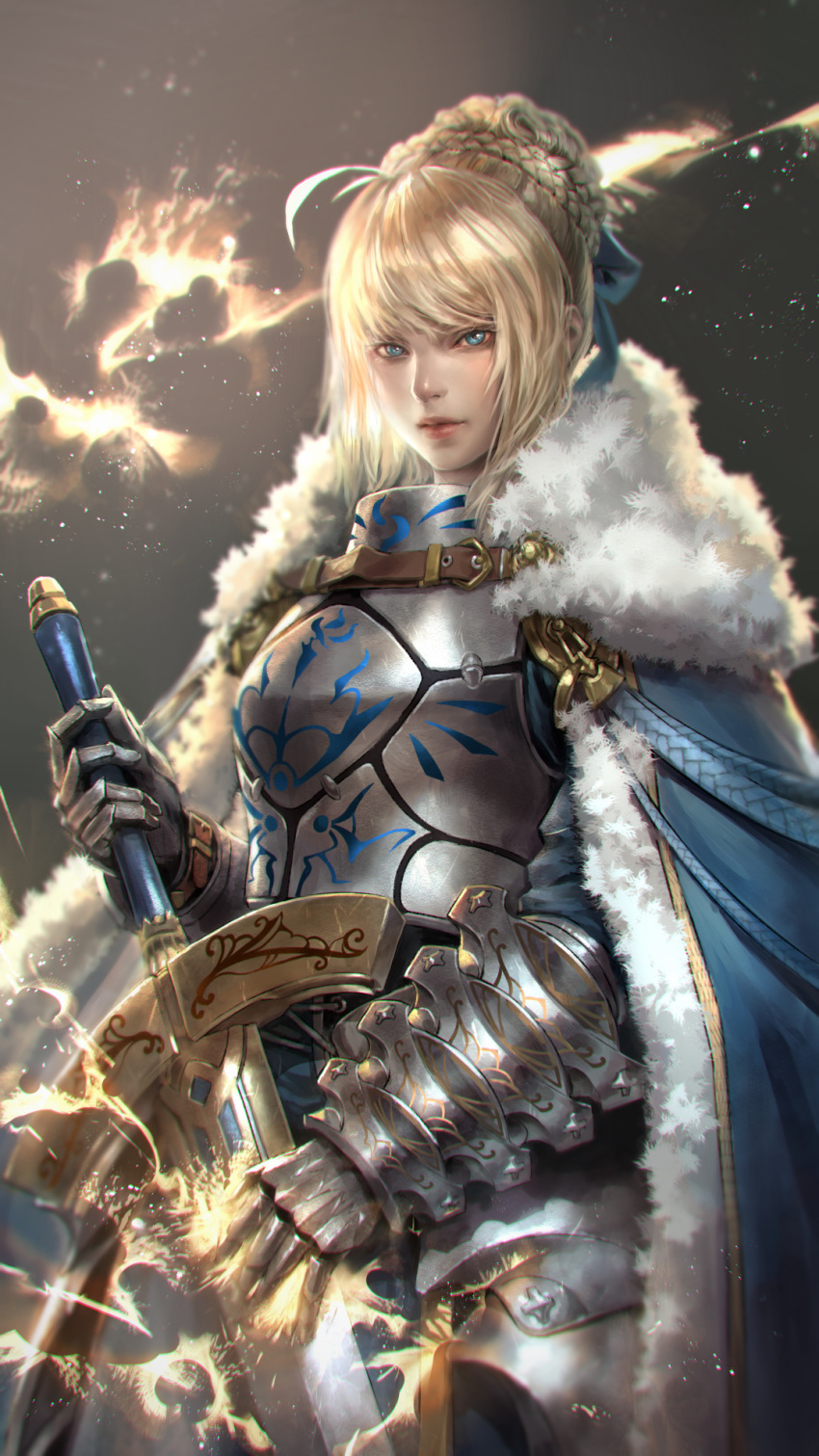 1girl antenna_hair armor artoria_pendragon_(all) bangs blonde_hair blue_cape blue_eyes blue_ribbon blurry braid braided_bun breastplate brown_background buckle cape cloak closed_mouth commentary_request cowboy_shot crown depth_of_field excalibur fate/grand_order fate_(series) faulds flaming_sword fur-trimmed_cloak fur_trim gauntlets gradient gradient_background grey_background hair_bun hair_ribbon highres holding holding_sword holding_weapon kaburagi_yasutaka lips looking_at_viewer realistic ribbon shiny shiny_hair short_hair solo sparks standing sword weapon