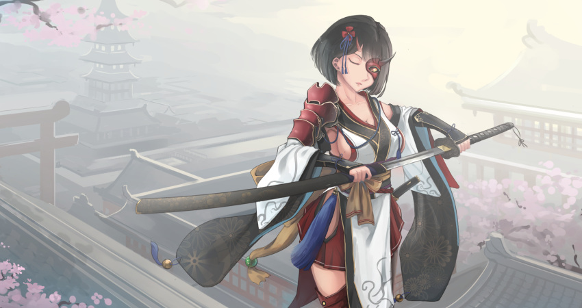 1girl architecture black_hair breasts building cherry_blossoms cleavage closed_eyes collarbone detached_sleeves east_asian_architecture hair_ornament half_mask highres hip_vent japanese_clothes kikivi original short_hair sideboob solo sword torii weapon wrist_guards