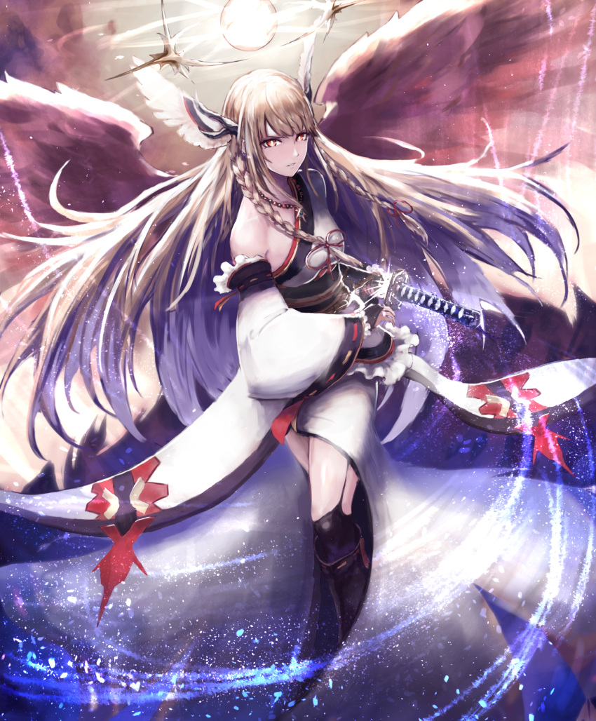 1girl bangs blonde_hair blunt_bangs braid bridal_gauntlets detached_sleeves feathered_wings hair_ribbon halo head_wings highres japanese_clothes kimono kneehighs light_frown light_particles long_hair long_sleeves looking_at_viewer na_(oagenosuke) obi original parted_lips ready_to_draw red_eyes ribbon sash single_bare_shoulder solo sparks spread_wings tress_ribbon white_kimono wings