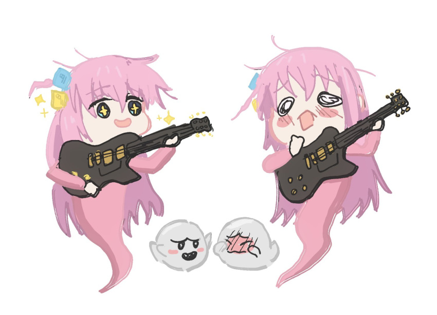 1girl bangs blue_eyes blush bocchi_the_rock! boo_(mario) cool_unc00l cube_hair_ornament electric_guitar ghost ghost_tail gibson_les_paul gotou_hitori guitar hair_between_eyes hair_ornament hair_over_eyes holding holding_instrument instrument long_hair long_sleeves music one_side_up open_mouth pink_hair playing_instrument simple_background sparkle super_mario_bros. white_background