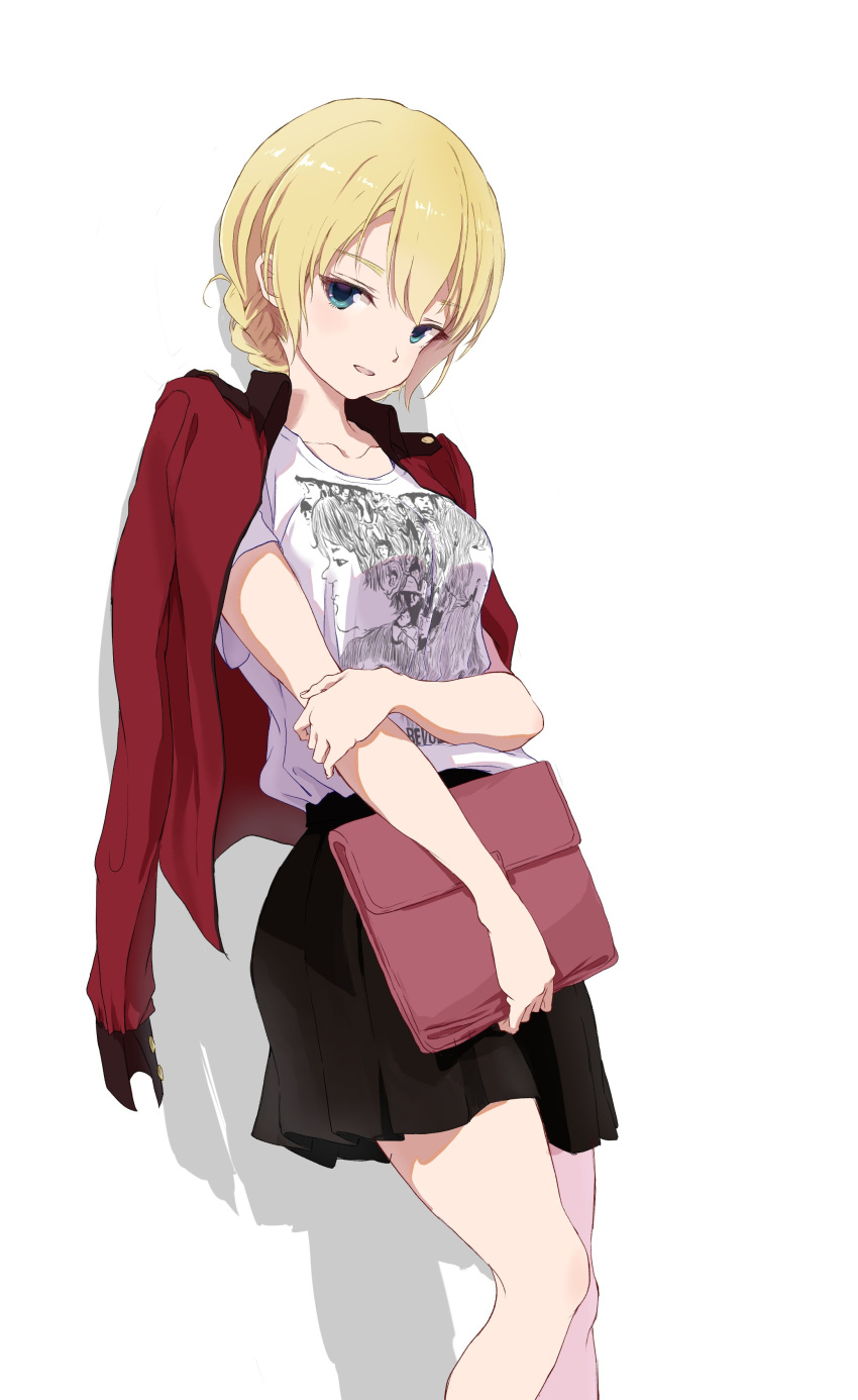 1girl absurdres against_wall black_skirt blonde_hair blue_eyes collarbone darjeeling eyebrows_visible_through_hair girls_und_panzer hair_between_eyes hasisisissy highres holding jacket looking_at_viewer miniskirt open_clothes open_jacket open_mouth pleated_skirt red_jacket shirt short_hair simple_background skirt smile solo standing white_background white_shirt