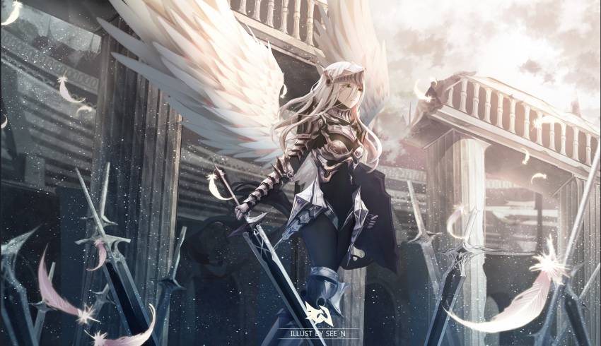 1girl absurdres angel_wings armor armored_boots boots day eyebrows_visible_through_hair feathered_wings floating_hair gauntlets green_eyes hair_between_eyes highres holding holding_sword holding_weapon long_hair original outdoors parted_lips see_n shield silver_hair solo sword thigh-highs thigh_boots weapon white_feathers white_wings wings