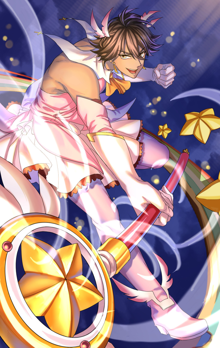 1boy bare_shoulders boots brown_hair clenched_hand cosplay crossdressinging dark_skin dress earrings elbow_gloves fate/kaleid_liner_prisma_illya fate_(series) gloves highres holding holding_wand illyasviel_von_einzbern jewelry kaleidostick lalatia-meai looking_at_viewer magic magical_girl male_focus muscle open_mouth pink_dress pink_footwear pink_legwear prisma_illya prisma_illya_(cosplay) rider_(fate/prototype_fragments) smile solo star thigh-highs thigh_boots wand white_gloves yellow_eyes