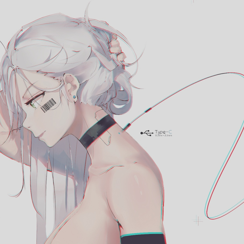 1girl android bangs barcode black_choker cable choker chromatic_aberration closed_mouth earrings elbow_gloves from_side gloves grey_background hair_lift jewelry long_hair looking_down nude openvl original plug profile silver_hair simple_background solo