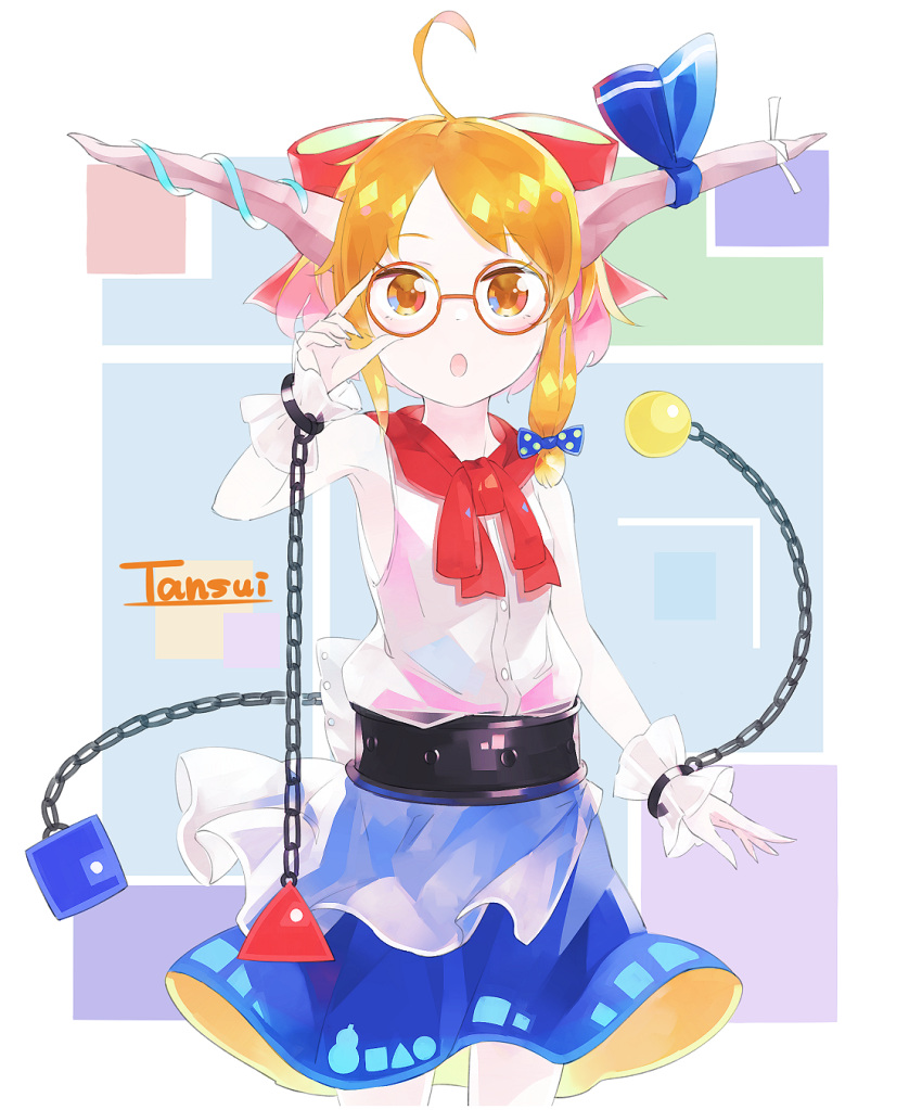 1girl bangs belt blush bow bowtie buttons chains closed_mouth cuffs eyebrows_visible_through_hair glasses gourd hair_bow hand_on_hip highres holding horn_bow horns ibuki_suika looking_at_viewer multicolored multicolored_background o_(crazyoton46) orange_hair purple_bow red_bow red_eyes red_neckwear shackles shirt short_hair sidelocks sleeveless solo touhou white_shirt wristband