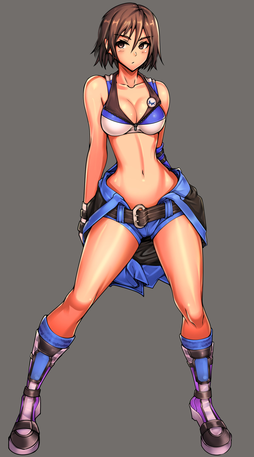 1girl absurdres belt blush boots breasts brown_eyes brown_hair cleavage clyde_s collarbone contrapposto full_body grey_background highres kazama_asuka looking_to_the_side medium_breasts midriff namco short_hair short_shorts shorts single_sleeve slender_waist solo sports_bra standing tekken unzipped wide_hips
