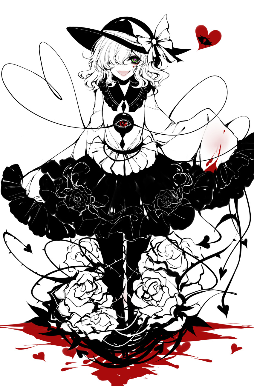 1girl absurdres blood bow floral_print frills green_eyes hat hat_bow heart heart-shaped_pupils heart_of_string highres komeiji_koishi limited_palette long_sleeves open_mouth red_eyes sheya short_hair sleeves_past_wrists symbol-shaped_pupils third_eye touhou wide_sleeves