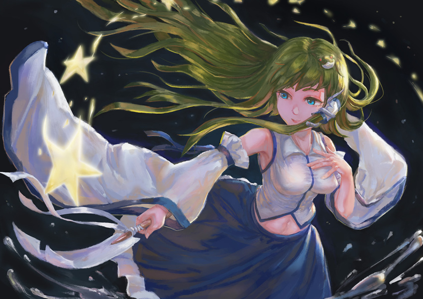 1girl amibazh black_background blue_eyes blue_skirt breasts detached_sleeves floating_hair frog_hair_ornament from_above gohei green_hair hair_ornament hair_tubes hand_on_own_chest holding kochiya_sanae lips long_hair long_skirt long_sleeves looking_to_the_side medium_breasts navel simple_background skirt smile snake_hair_ornament solo splashing standing star touhou vest water white_vest wide_sleeves wind