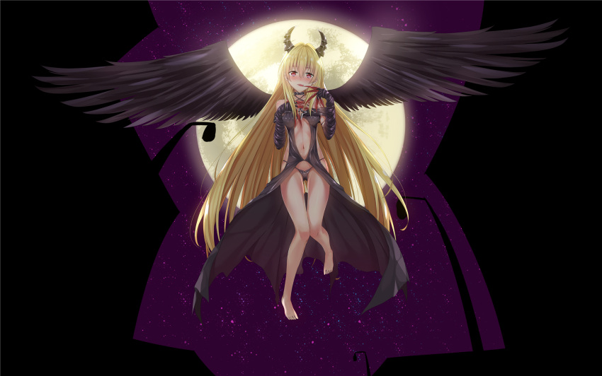 1girl bare_legs barefoot black_dress black_panties black_wings blonde_hair blush dress finger_licking floating full_body full_moon highres horns konjiki_no_yami licking long_hair looking_at_viewer moon navel_cutout night night_sky panties red_eyes sky solo to_love-ru to_love-ru_darkness to_love-ru_darkness_2nd underwear very_long_hair wings