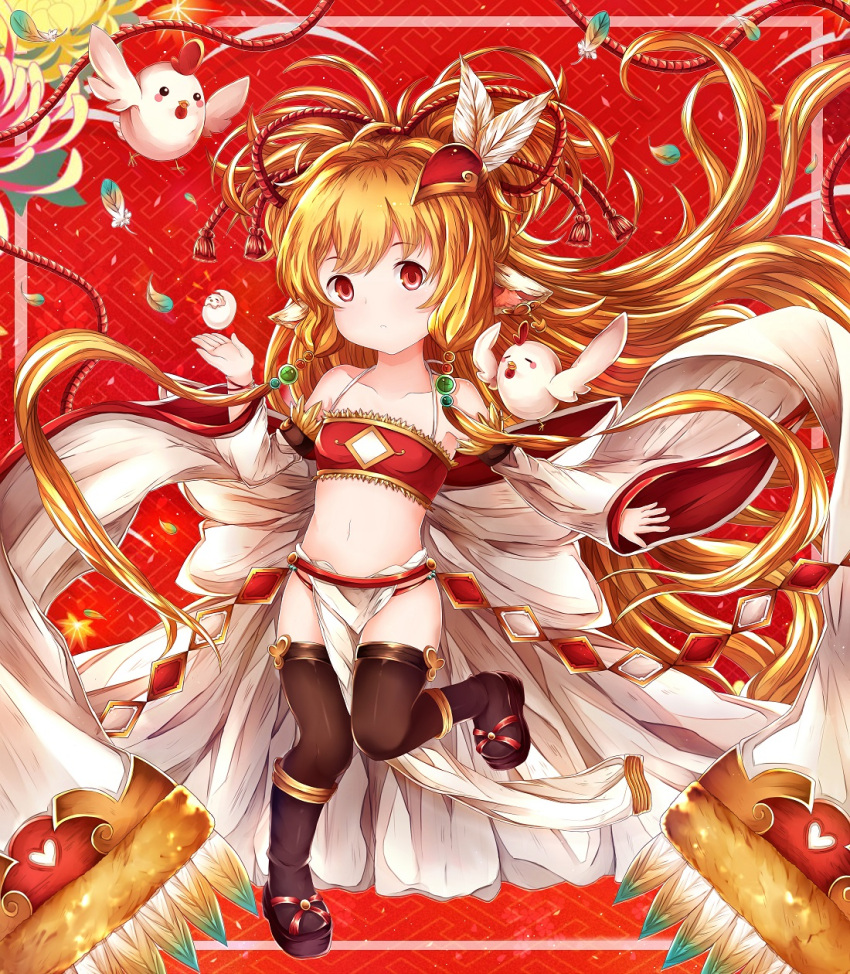 1girl :o absurdly_long_hair animal_ears bandeau bangs bare_shoulders bird black_footwear black_legwear blonde_hair blush breasts chicken collarbone commentary_request detached_sleeves egg eyebrows_visible_through_hair feathers full_body granblue_fantasy hair_feathers hair_ornament halter_top halterneck harbin highres long_hair long_sleeves looking_at_viewer makira_(granblue_fantasy) navel parted_lips pelvic_curtain red_background red_bandeau red_eyes sandals small_breasts soda_(sodachuxd) solo standing thigh-highs very_long_hair wide_sleeves