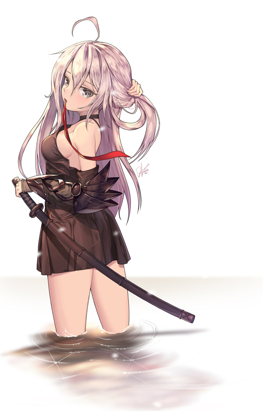 1girl adjusting_hair ahoge artist_name bare_shoulders black_skirt blush breasts closed_mouth eyebrows from_behind grey_eyes hand_on_hilt highres holding holding_sword holding_weapon lee_seok_ho long_hair looking_at_viewer looking_back medium_breasts original sheath sheathed sideboob signature silver_hair skirt solo standing sword weapon