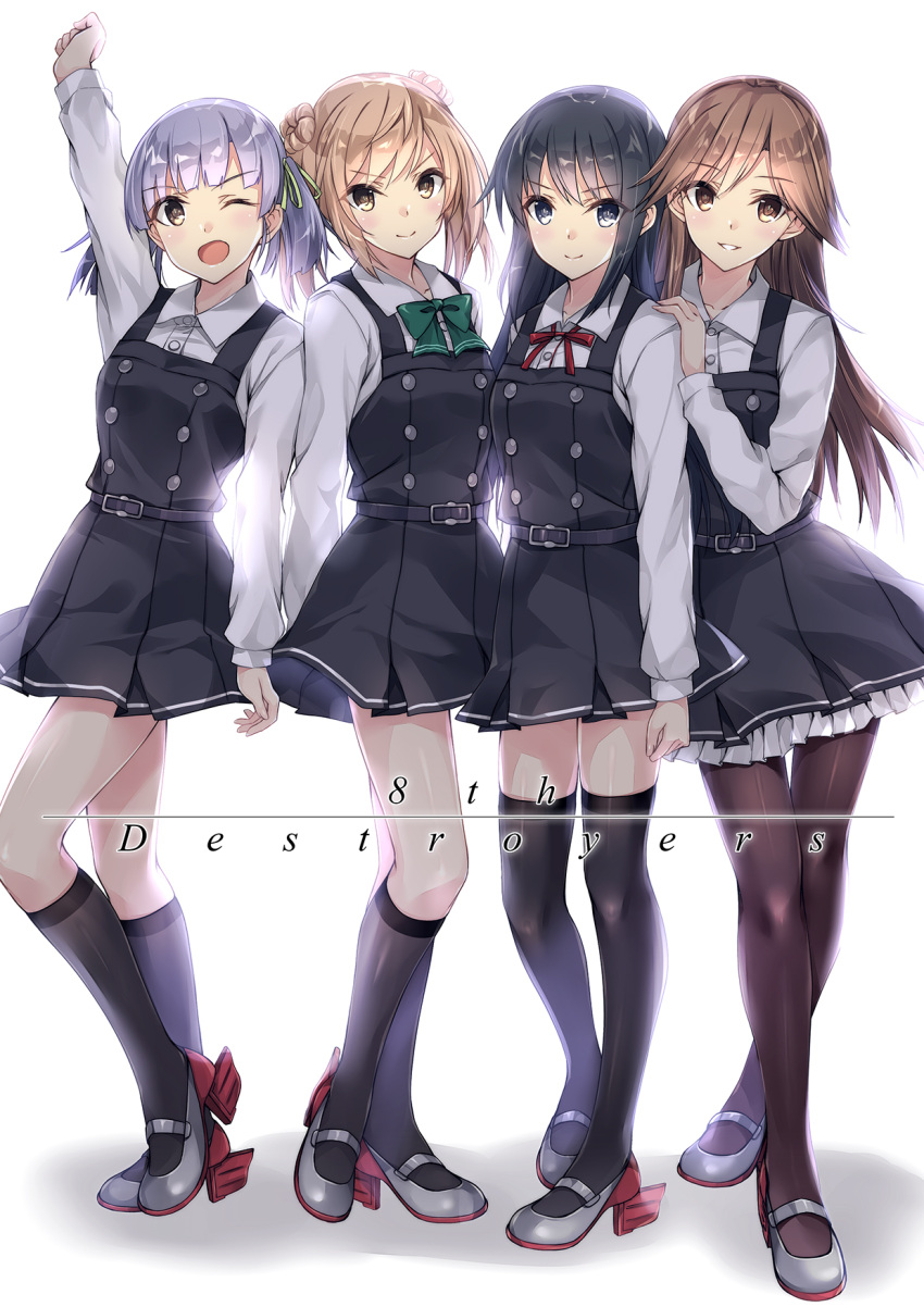 &gt;:) 4girls :d arashio_(kantai_collection) arm_up asashio_(kantai_collection) belt belt_buckle black_dress black_hair blonde_hair blue_eyes brown_hair buckle buttons commentary_request double_bun dress green_ribbon grey_hair highres kantai_collection kneehighs kobayashi_chisato long_hair long_sleeves michishio_(kantai_collection) multiple_girls one_eye_closed ooshio_(kantai_collection) open_mouth pantyhose pinafore_dress red_ribbon remodel_(kantai_collection) ribbon shirt short_hair smile thigh-highs twintails v-shaped_eyebrows white_shirt yellow_eyes