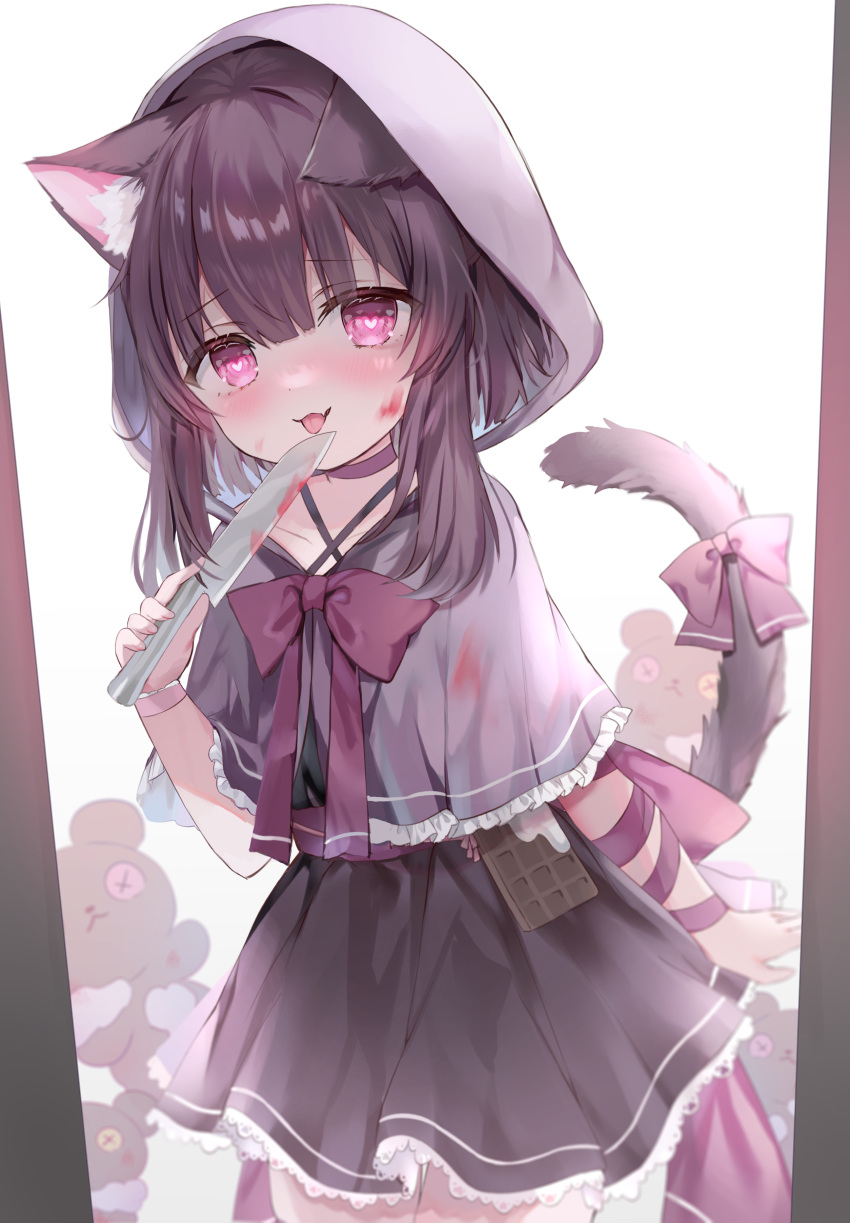 1girl :p absurdres animal_ear_fluff animal_ears bangs black_hair black_skirt bow capelet cat_ears cat_girl cat_tail closed_mouth commentary_request fallenshadow fang frilled_capelet frills grey_capelet heart heart-shaped_pupils highres holding holding_knife hood hood_up hooded_capelet indie_virtual_youtuber knife looking_at_viewer pink_eyes purple_bow rukako skirt smile solo stuffed_animal stuffed_toy stuffing symbol-shaped_pupils tail tail_bow tail_ornament teddy_bear tongue tongue_out virtual_youtuber white_background