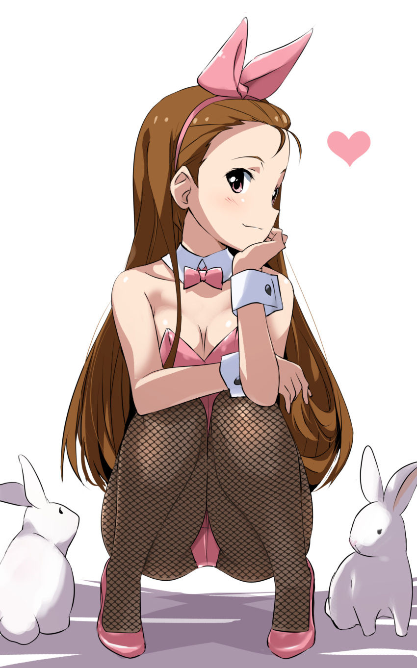 1girl absurdres bare_shoulders blush bow bowtie breasts brown_hair bunnysuit cleavage closed_mouth detached_collar fishnet_pantyhose fishnets hairband hand_on_own_chin heart highres idolmaster idolmaster_(classic) long_hair looking_at_viewer minase_iori pantyhose pink_eyes pink_hairband pink_neckwear rabbit simple_background small_breasts smile solo squatting white_background yumekaranigeruna