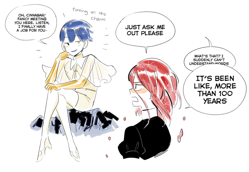 androgynous ange blue_hair blush crystal_hair english gold heterochromia highres houseki_no_kuni lapis_lazuli_(houseki_no_kuni) phosphophyllite redhead shinsha_(houseki_no_kuni) spoilers