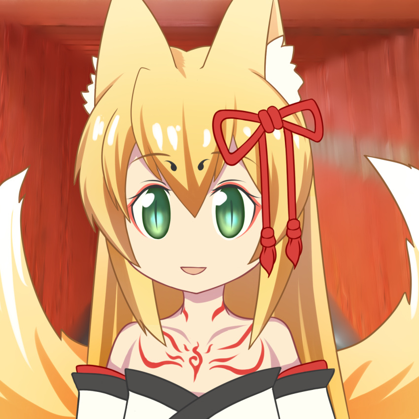 1girl :d animal_ears bangs bare_shoulders blonde_hair eyebrows_visible_through_hair fox_ears fox_tail green_eyes hair_ornament highres japanese_clothes kemono_friends kitsune long_hair looking_at_viewer mon-musu_quest! monster_girl multiple_tails open_mouth parody ruinluin short_hair sidelocks smile solo style_parody tail tamamo_(mon-musu_quest!) tatsuki_(irodori)_(style) tattoo
