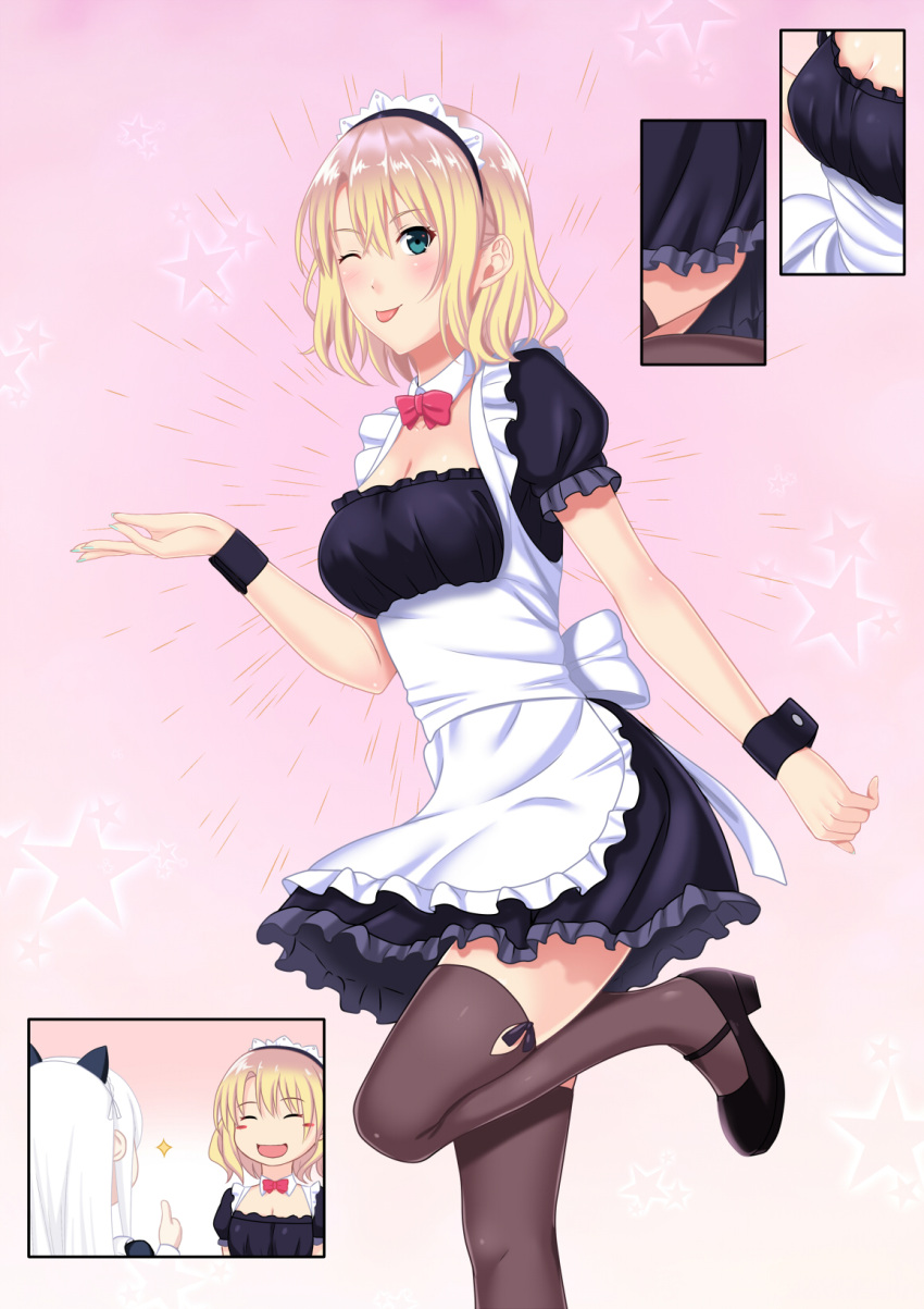 2girls ^_^ ^o^ alternate_costume animal_ears apron black_footwear blonde_hair blue_eyes blush boots breasts cat_ears closed_eyes commentary_request dress enmaided eyebrows_visible_through_hair fake_animal_ears frills hair_between_eyes highres leg_up long_hair long_sleeves looking_at_viewer maid maid_headdress multiple_girls one_eye_closed one_leg_raised open_mouth original red_eyes short_hair silver_hair smile standing standing_on_one_leg tawagoto_dukai_no_deshi thigh-highs thumbs_up waist_apron