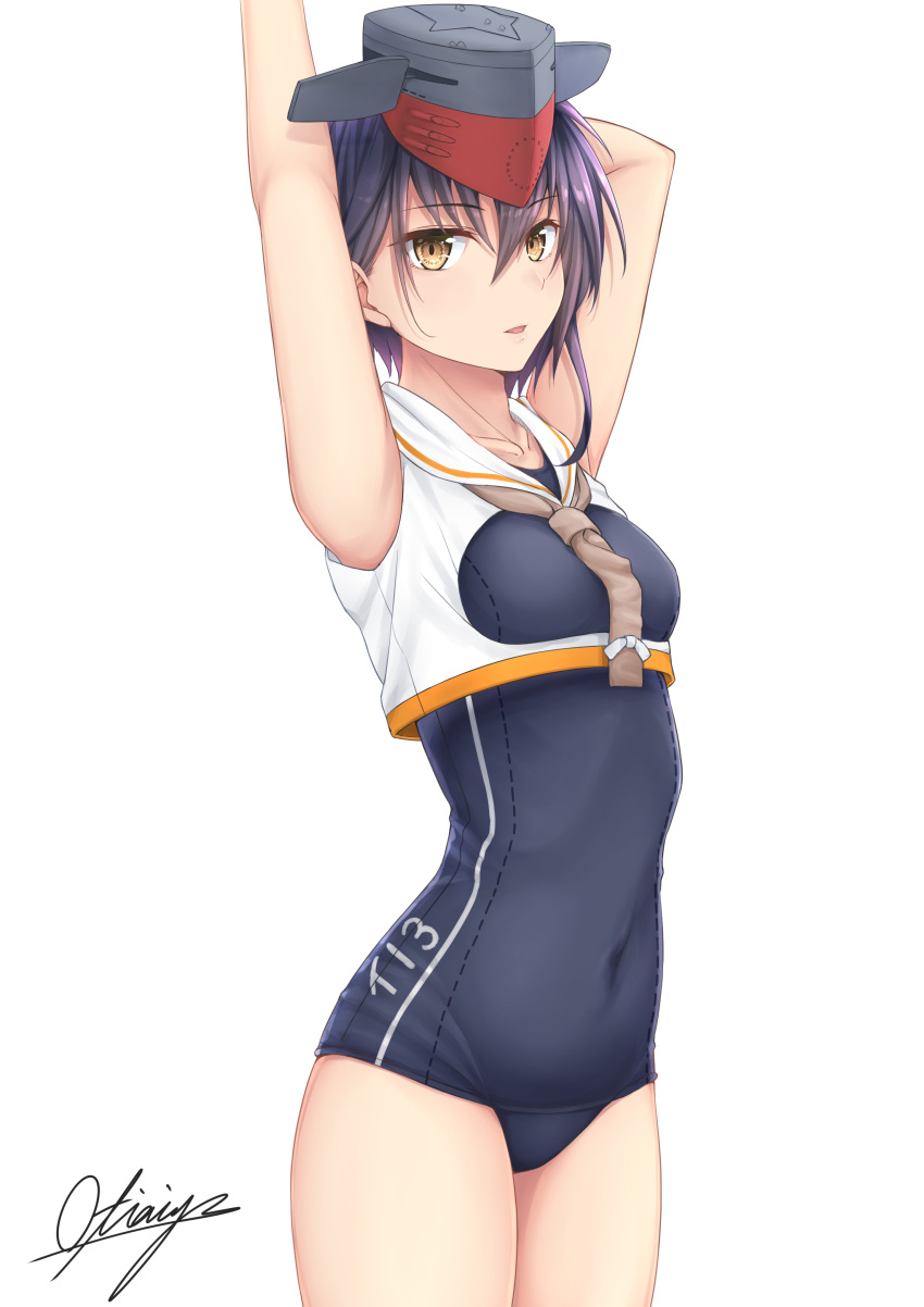 1girl absurdres arms_up asymmetrical_hair black_hair black_swimsuit brown_eyes character_name covered_navel cowboy_shot crop_top framed_breasts gloves hair_between_eyes hat headphones highres i-13_(kantai_collection) kantai_collection looking_at_viewer ochiai_miyabi one-piece_swimsuit partly_fingerless_gloves school_swimsuit short_hair signature simple_background solo swimsuit white_background