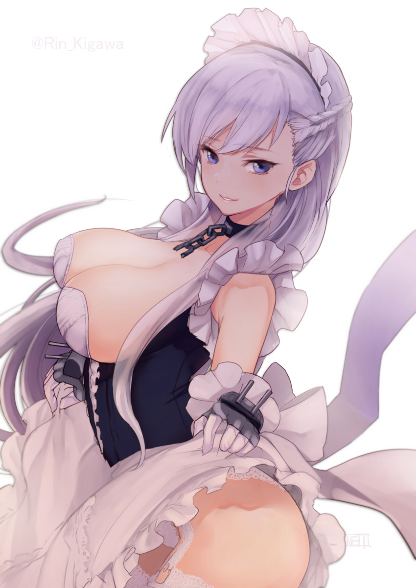 1girl azur_lane bangs bare_shoulders belfast_(azur_lane) blue_hair braid breasts chains cleavage dress eyebrows_visible_through_hair french_braid garter_straps gloves highres holding holding_skirt kigawa_rin large_breasts long_hair looking_at_viewer maid maid_headdress parted_lips silver_hair smile solo white_background