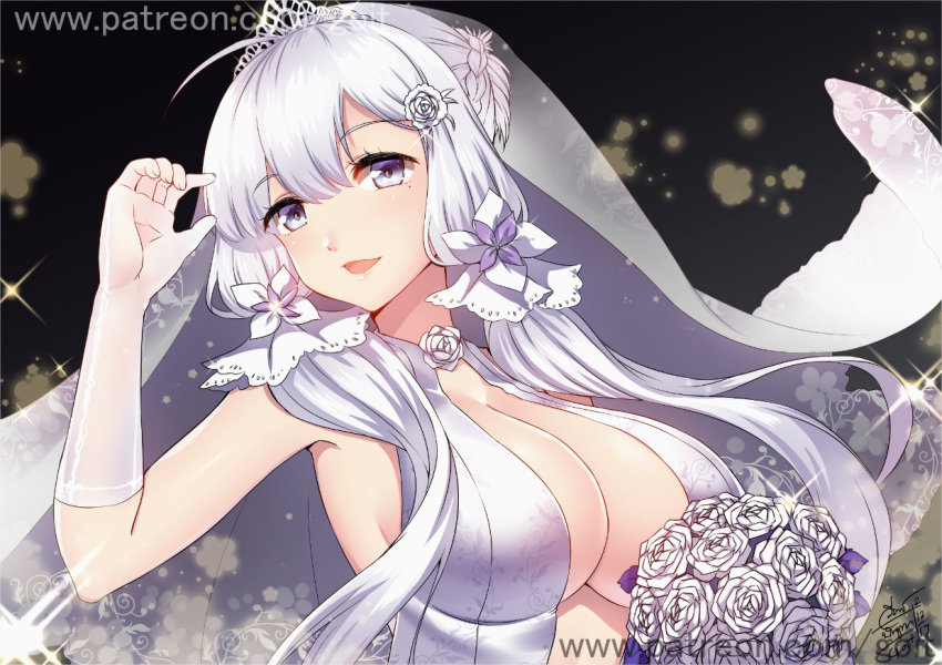 1girl ahoge arm_up armpits artist_name azur_lane bangs black_background blue_eyes blush bouquet braid breasts bridal_veil center_opening cleavage dress elbow_gloves flower french_braid glint gloves go-it hair_flower hair_ornament holding holding_bouquet illustrious_(azur_lane) large_breasts long_hair looking_at_viewer low-tied_long_hair low_twintails mole mole_under_eye rose signature silver_hair sleeveless sleeveless_dress solo tareme tiara twintails upper_body veil watermark web_address white_gloves white_rose