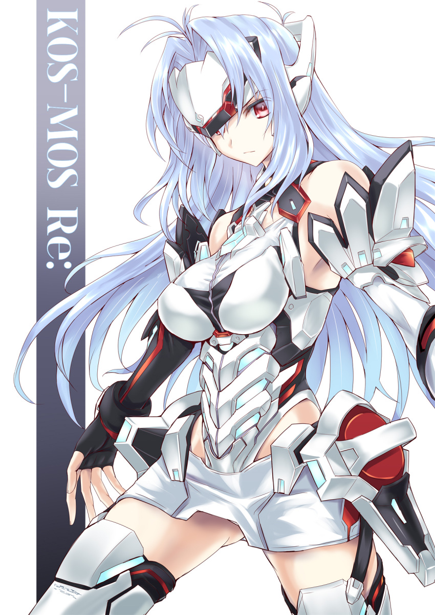 1girl black_gloves blue_hair breasts character_name closed_mouth fingerless_gloves gloves highres kos-mos long_hair red_eyes silve simple_background solo standing white_background xenoblade xenoblade_2 xenosaga xenosaga_episode_i xenosaga_episode_ii xenosaga_episode_iii