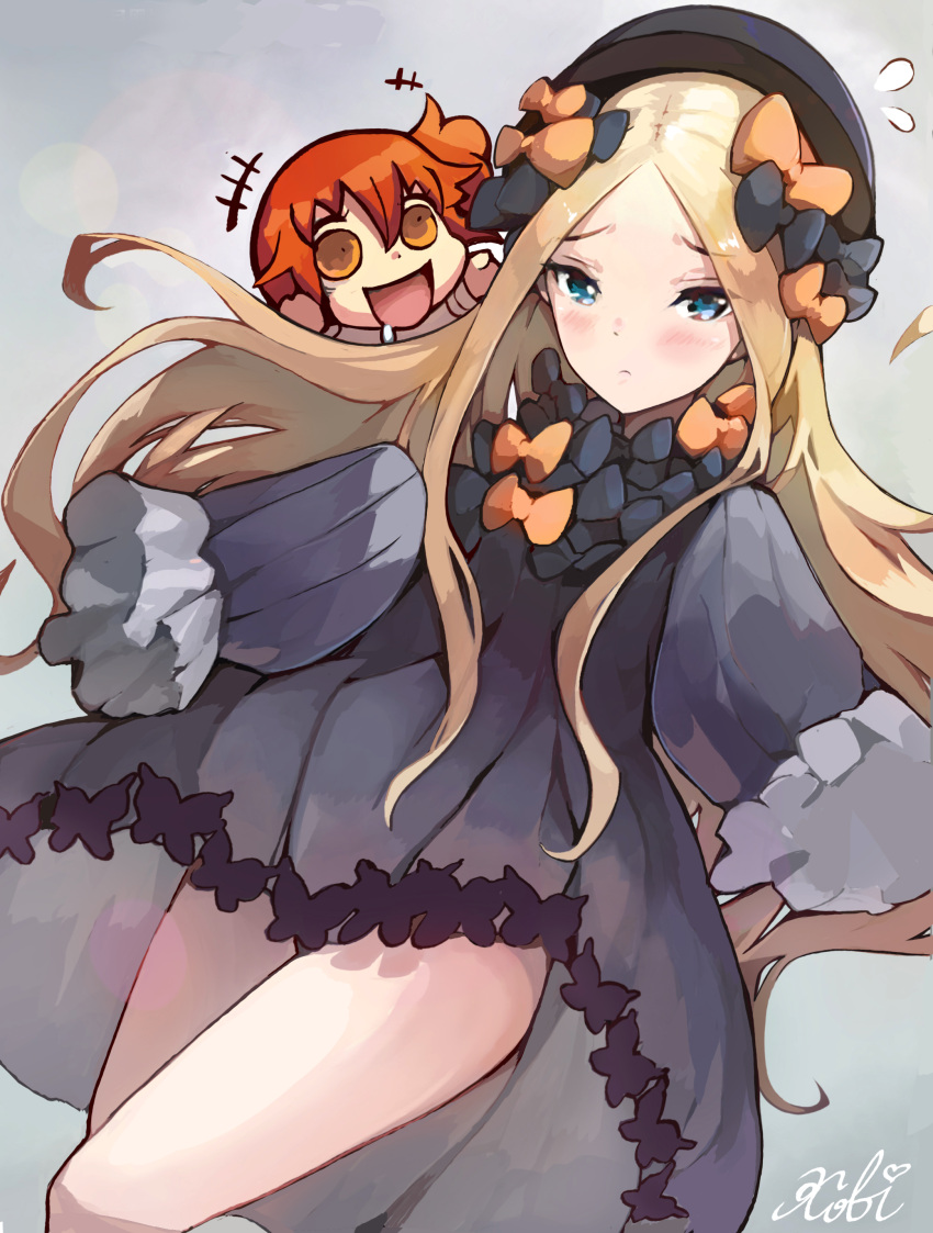 +++ 2girls :c :d abigail_williams_(fate/grand_order) absurdres bangs black_bow black_dress black_hat blonde_hair blue_eyes blush bow brown_eyes butterfly chibi closed_mouth commentary_request dress fate/grand_order fate_(series) flying_sweatdrops fujimaru_ritsuka_(female) hair_bow hands_in_sleeves hat highres long_hair long_sleeves looking_at_viewer multiple_girls open_mouth orange_bow orange_hair parted_bangs piliheros2000 riyo_(lyomsnpmp)_(style) signature smile very_long_hair