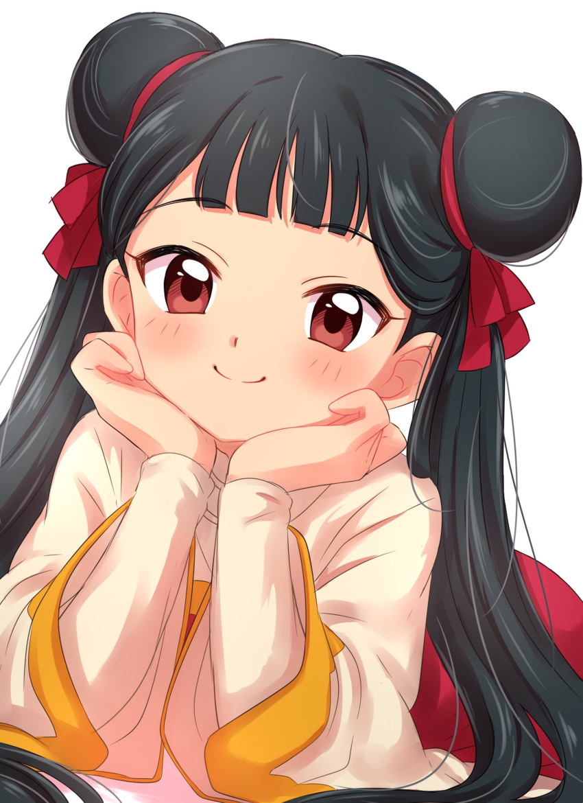 1girl bangs black_hair blunt_bangs blush card_captor_sakura chin_rest closed_mouth double_bun eyebrows_visible_through_hair highres li_meiling long_hair long_sleeves looking_at_viewer lying on_stomach red_eyes red_skirt sekina simple_background skirt smile solo twintails white_background wide_sleeves