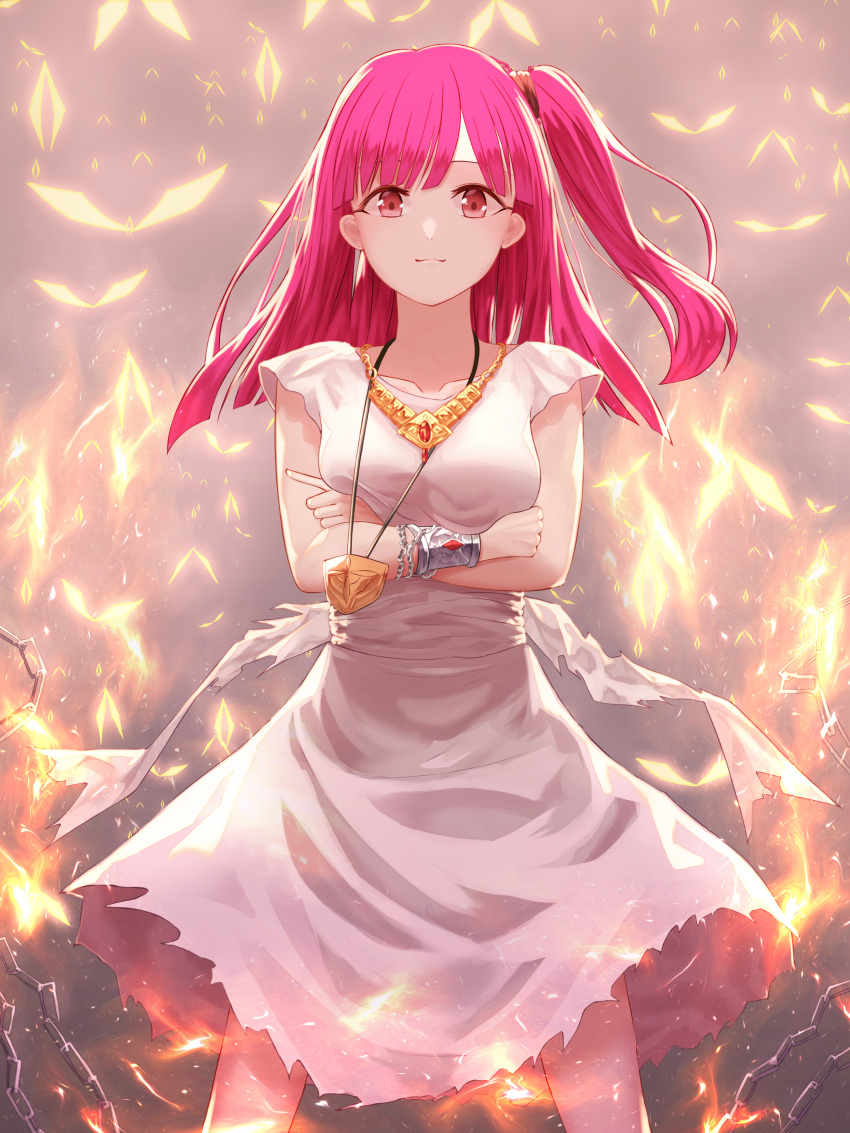 1girl absurdres asymmetrical_hair bracelet breast_hold breasts chains collarbone gem highres jewelry long_hair looking_at_viewer magi_the_labyrinth_of_magic medium_breasts morgiana necklace pink_eyes pink_hair side_ponytail smile solo standing white_hair yagyun