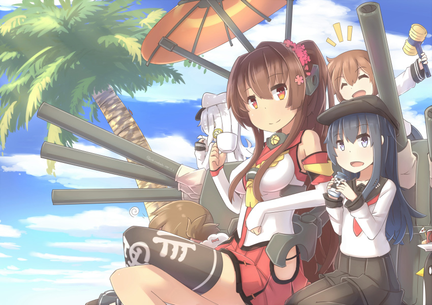 5girls absurdres akatsuki_(kantai_collection) anchor_symbol black_legwear bottle brown_hair cannon cherry_blossoms cup day detached_sleeves flat_cap flower folded_ponytail gangut_(kantai_collection) hair_flower hair_ornament hat headgear hibiki_(kantai_collection) highres hinbackc hip_vent holding holding_bottle holding_cup holding_hammer ikazuchi_(kantai_collection) inazuma_(kantai_collection) kantai_collection long_hair mallet miniskirt multiple_girls oriental_umbrella outdoors palm_tree pantyhose pleated_skirt ponytail purple_hair remodel_(kantai_collection) rigging school_uniform serafuku single_thighhigh skirt sky thigh-highs tree turret umbrella verniy_(kantai_collection) very_long_hair white_hair white_hat yamato_(kantai_collection)