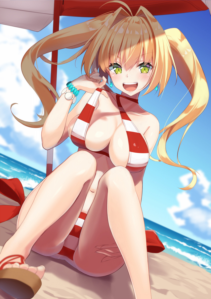 1girl :d ahoge bangs bare_arms bare_legs bare_shoulders beach beach_umbrella bikini blonde_hair blue_sky blurry blush bracelet breasts cleavage clouds collarbone criss-cross_halter day depth_of_field dutch_angle earrings eyebrows_visible_through_hair fate/grand_order fate_(series) foreshortening green_eyes hair_intakes halterneck hand_on_own_thigh hand_up highres horizon jewelry knees_up large_breasts long_hair looking_at_viewer mirea navel nero_claudius_(fate)_(all) nero_claudius_(swimsuit_caster)_(fate) ocean open_mouth outdoors pulled_by_self round_teeth saber_extra sandals shiny shiny_hair shore side-tie_bikini sitting sky smile solo strap_pull striped striped_bikini swimsuit teeth twintails umbrella unaligned_breasts v-shaped_eyebrows water