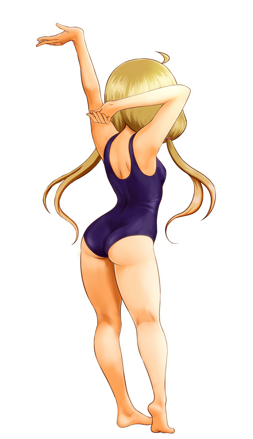 1girl absurdres arm_up ass barefoot blonde_hair blue_swimsuit from_behind futaba_anzu highres idolmaster idolmaster_cinderella_girls long_hair low_twintails school_swimsuit simple_background solo standing swimsuit taka_(takahirokun) twintails white_background