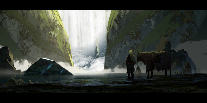 1girl absurdres asuteroid backpack bag boots capelet day facing_away foam from_behind highres horse lake long_hair original outdoors reins ruins scenery science_fiction solo standing steam very_long_hair water waterfall
