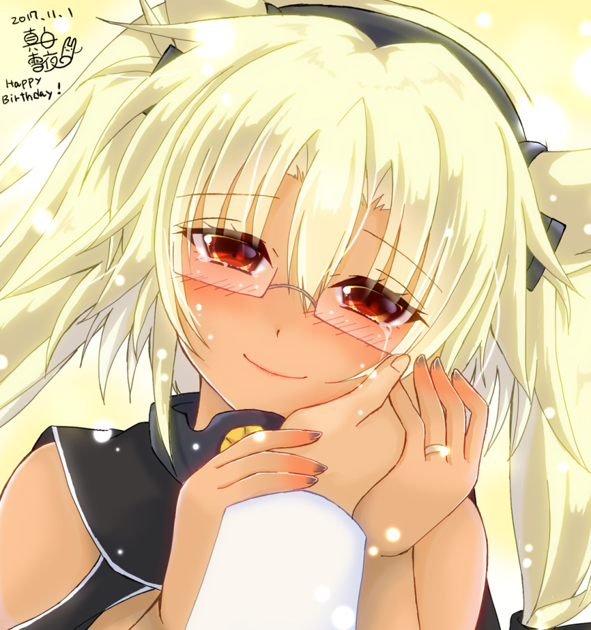 0yukiya0 1girl alternate_hair_color blonde_hair blush commentary_request crying crying_with_eyes_open dated english glasses hand_on_another's_cheek hand_on_another's_face happy happy_birthday happy_tears highres jewelry kantai_collection looking_at_viewer musashi_(kantai_collection) pov pov_hands red_eyes ring smile solo_focus tan tears